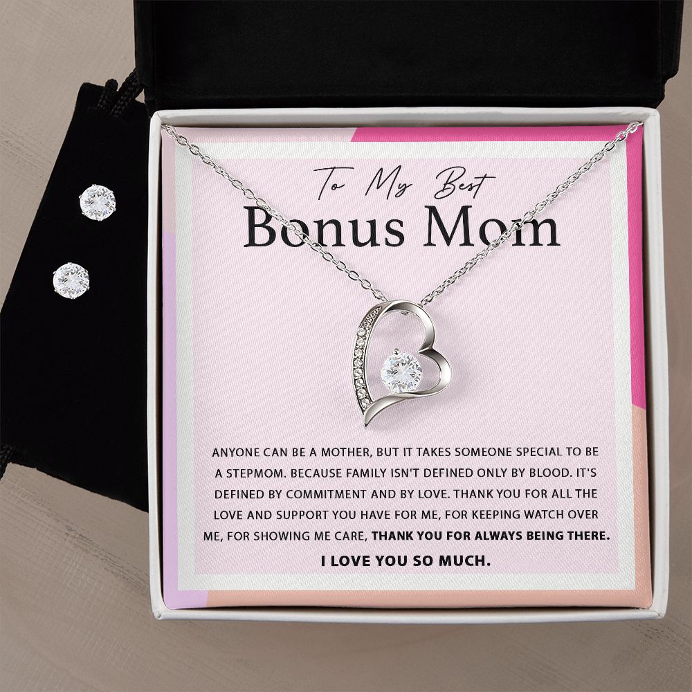 Heart Necklace with Cubic Zirconia Earring set for the Best Bonus Mom