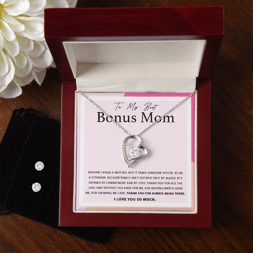Heart Necklace with Cubic Zirconia Earring set for the Best Bonus Mom