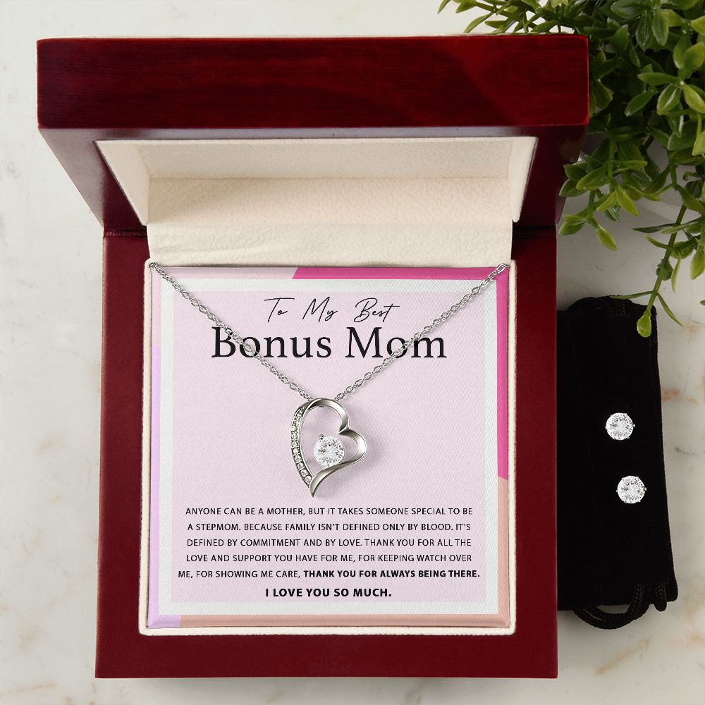 Heart Necklace with Cubic Zirconia Earring set for the Best Bonus Mom